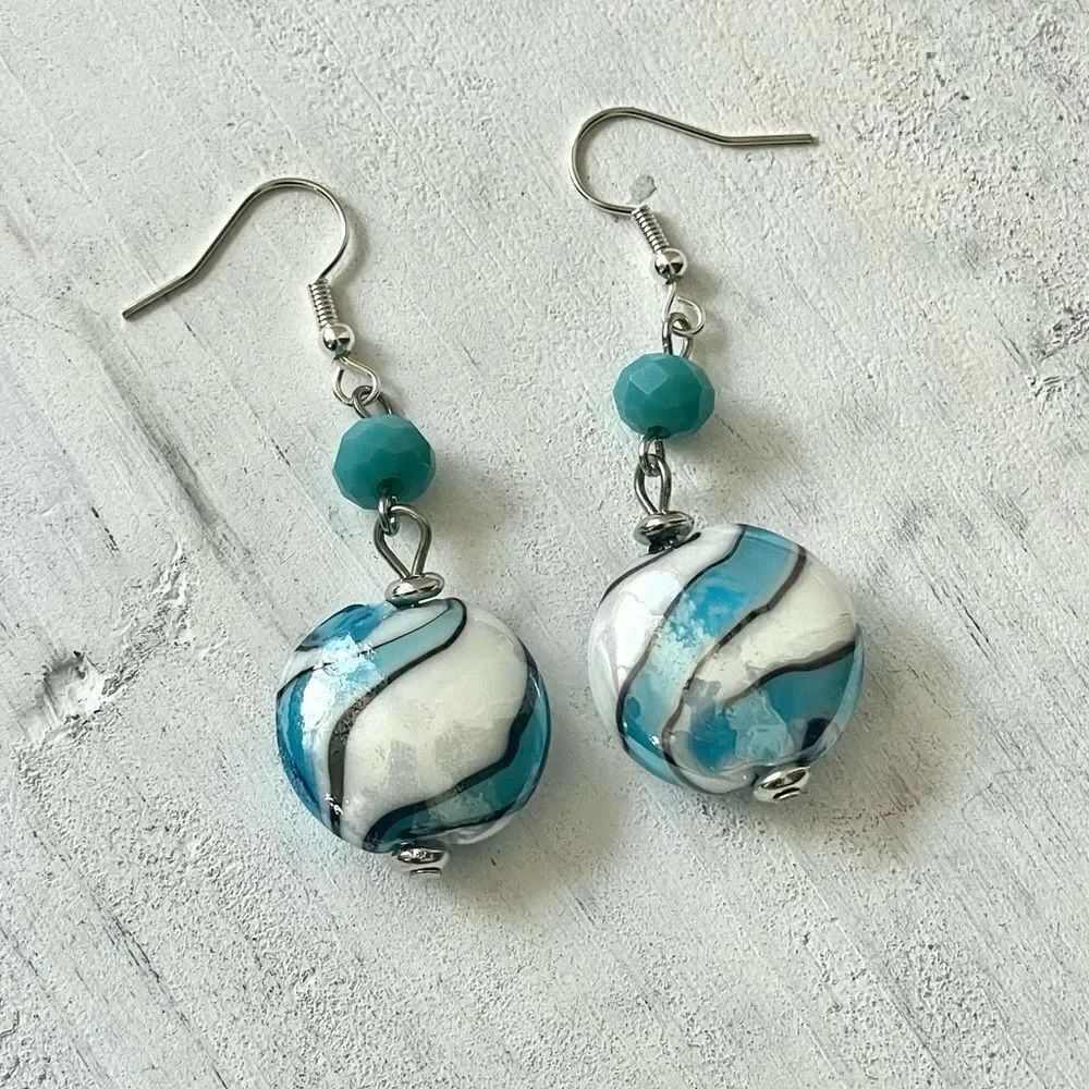 Turquoise blue and white stripe drop earrings